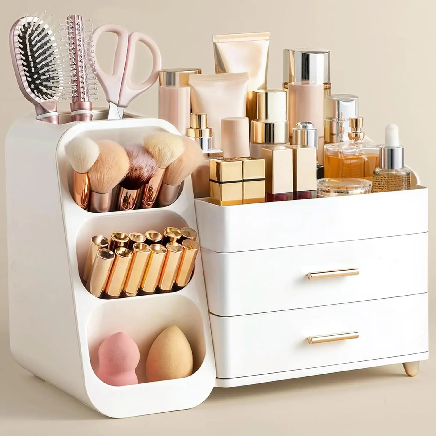 

Makeup Organizer With Brush Holder For Vanity, Large Plastic Bathroom Countertop Organizer Skin Care Storage, Easy To Store