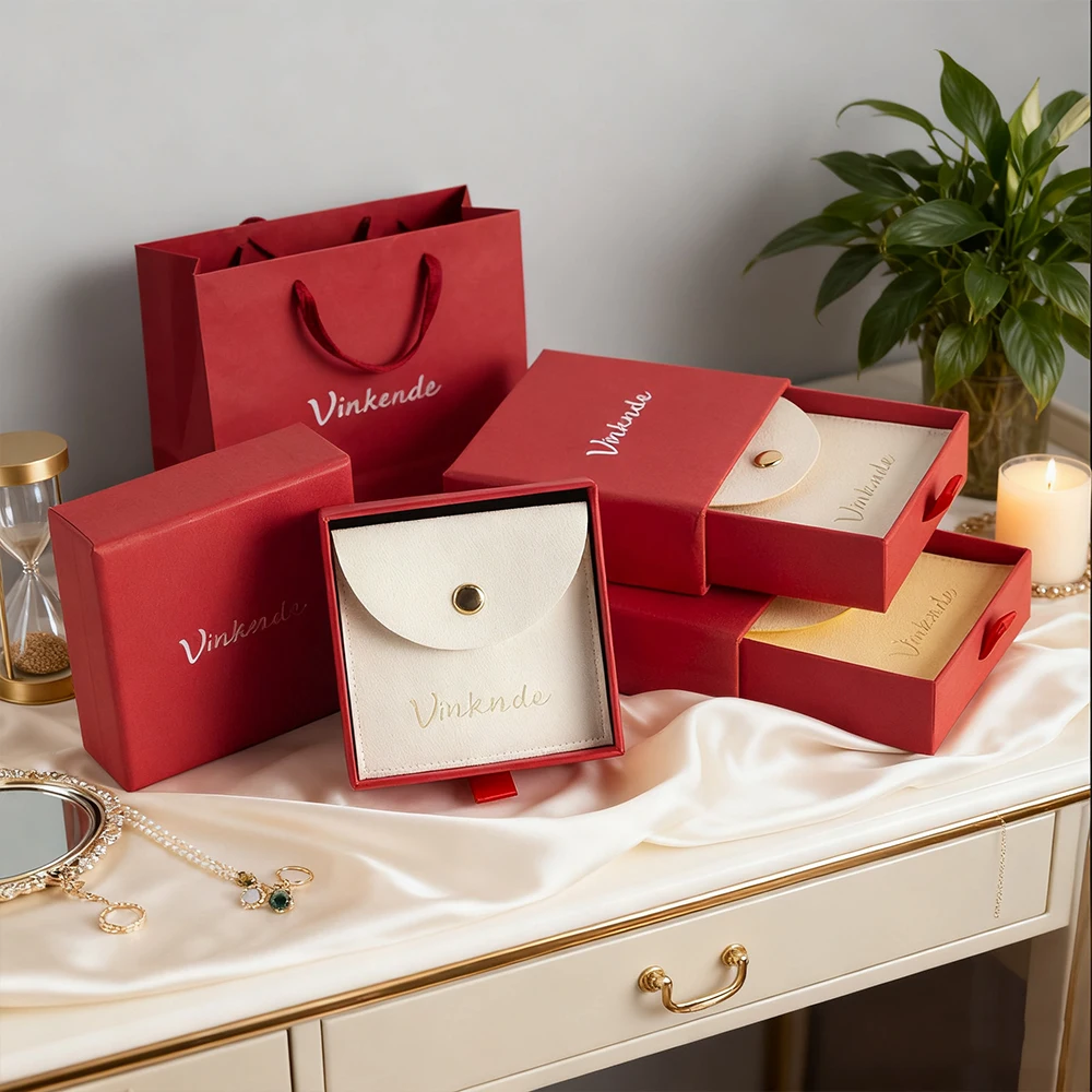 

Custom Logo Paper Jewelry Packing Box Drawer Ring Bracelet Ear Stud Necklace Storage Gift Boxes Microfiber Velvet Snap Bag Pouch