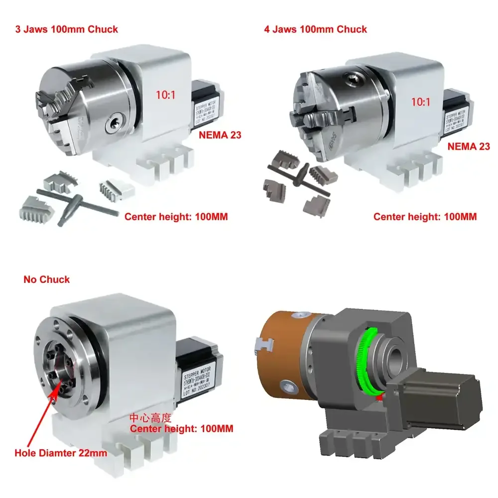 CNC A 4th Axis Rotary Axis Gearbox Reducer NEMA 23 Stepper Motor CNC Indexing Head 3/4 Jaws 100MM Chuck Engraving Machine
