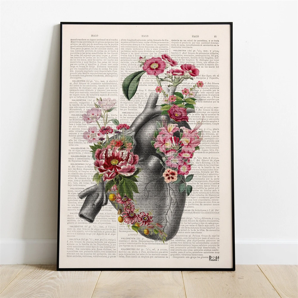 Mother's Day Gift Anatomical Heart Print Pink Flowers Poster Floral Heart Pattern Anatomy Dictionary Art Canvas Painting Decor