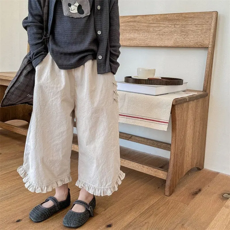 New Girls' Wide Leg Pants Cropped  Lace Casual Pants