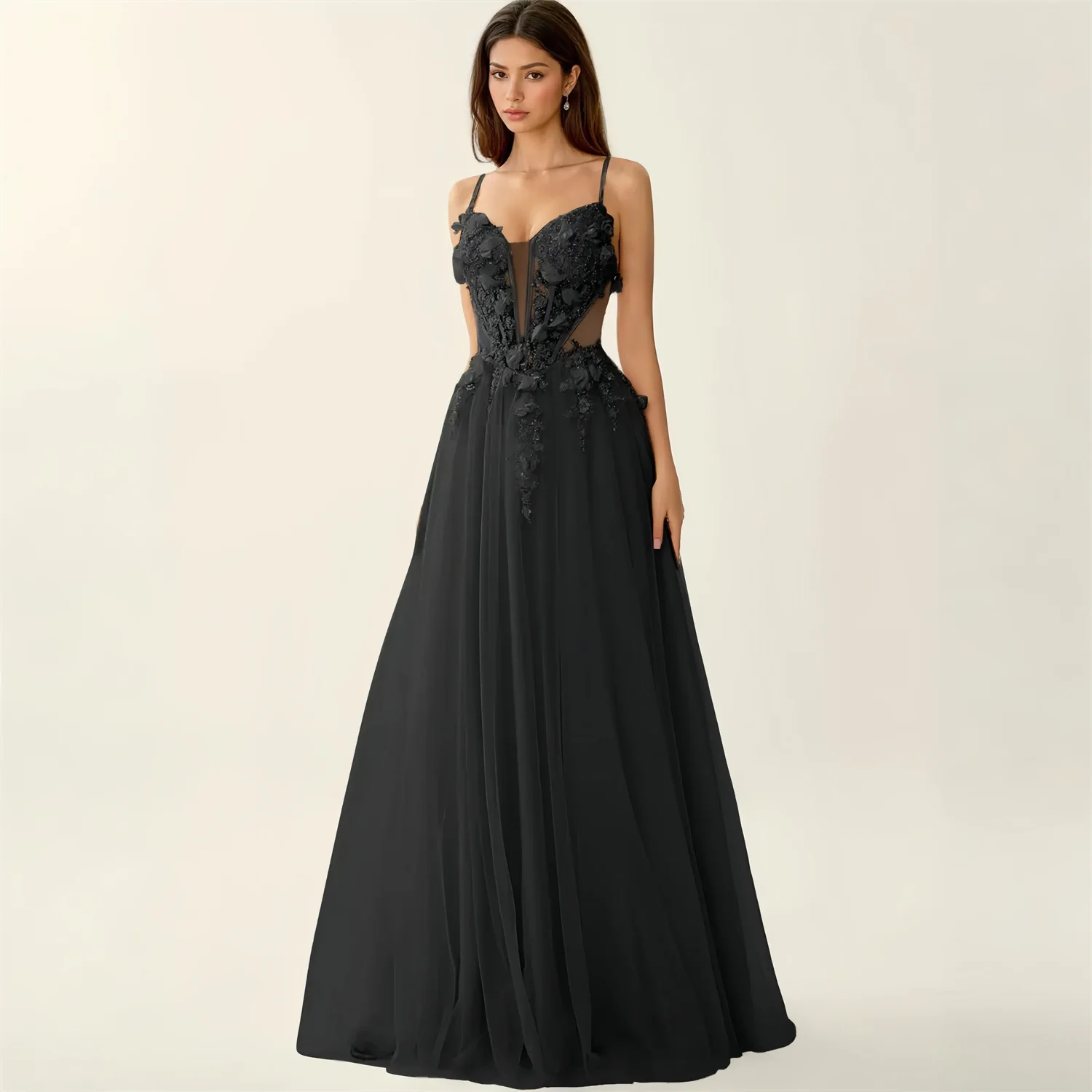 ED Flowers Evening Dress Women Sexy American Style Black Chiffon Formal Events Party Customized New Collection Latest