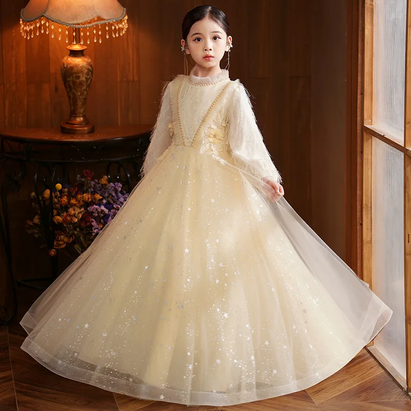 

Girls Dress 2025 New Spring and Summer Long Sleeve Princess Dress Children's Host Flower Girl Birthday Piano Performance Dress