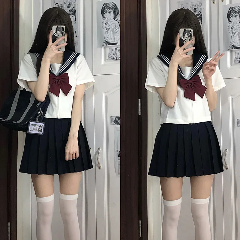 الأبيض ثلاثة الأساسية بحار زي المرأة JK موحدة اليابانية زي مدرسي فتاة مثير الأحمر التعادل طويلة الأكمام دعوى مطوي تنورة