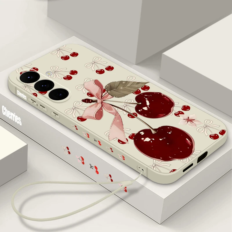 Soft TPU Magnetic Phone Case For Samsung Galaxy S26 S25 S24 S23 Ultra Plus S25 S24 S23 FE S22 Lips Cherry Pattern Lanyard Cover