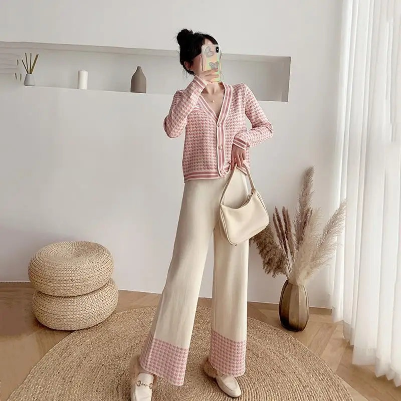 Autumn Knitted Sleepwear Women Korean Plaid Knit Cardigan High Waist Wide Leg Pants 2 Piece Set Pajamas Women Elegant Home Suit