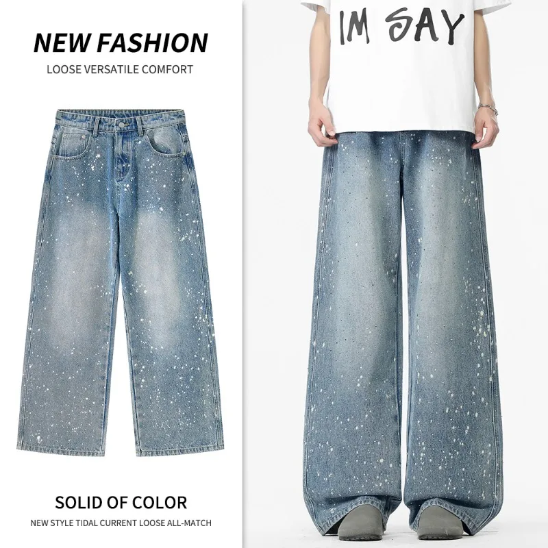 Men High Waist Snow Flake Sand Blast Washed Rhinestone Wide Leg Denim Pants Breathable All Season Hip Hop Jeans