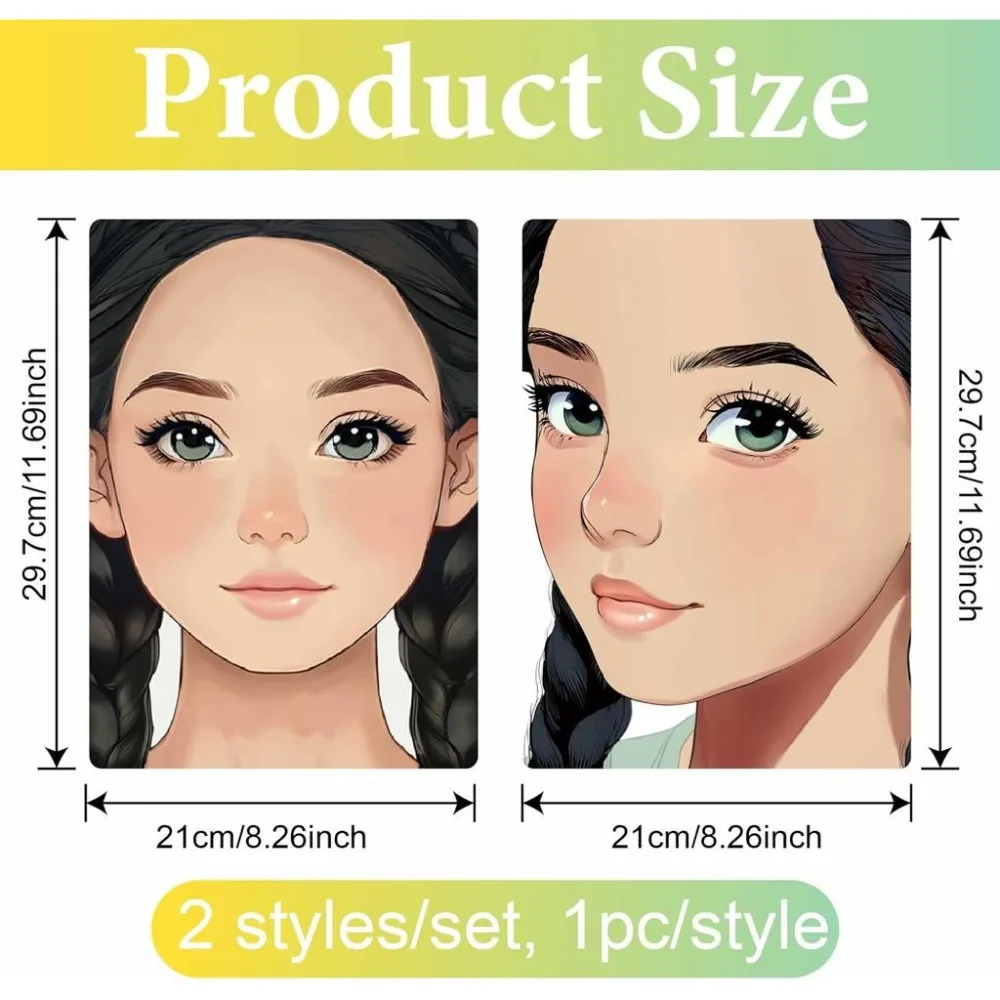 2Pcs 2 Styles Face Practice Boards Plastic Face for Practice Makeup 12 x 8 Inch Woman with Twin Ponytails Design