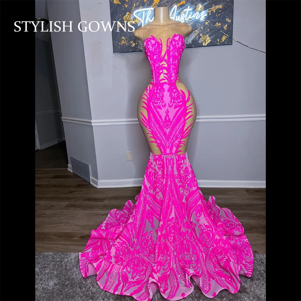 Roze Sheer O Hals Lange Prom Dress Voor Zwarte Meisjes Applicaties Verjaardag Partij Jassen Mermaid Avondjurk Lovertjes Formele Jurken