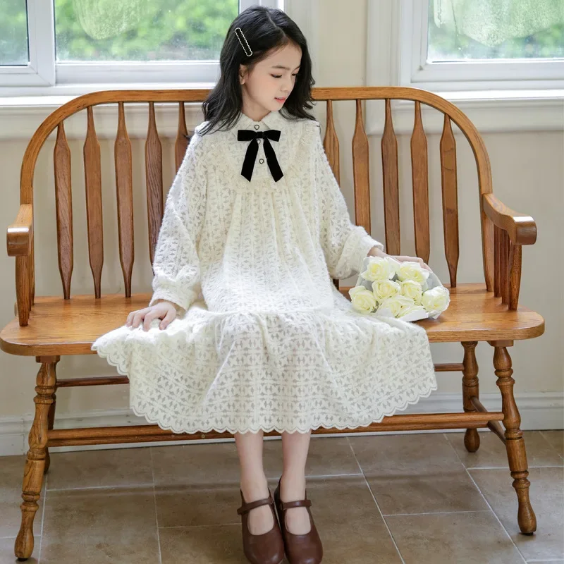 white dress for Girls clothes spring autumn new children's lace collar fairy princess clothes 7-13Y