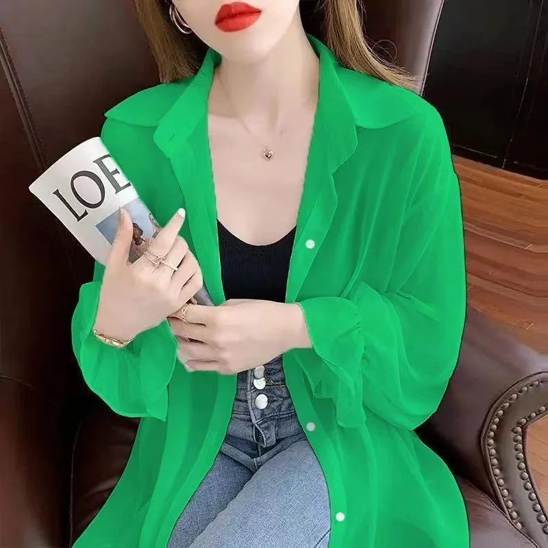 Wiosna Lato Nowa Luźna Długa Bluzka Chroniąca Przed Słońcem Damska Cienka Bluzka Szyfonowa Żółty Rozpinany Kardigan Modna Odzież Wierzchnia