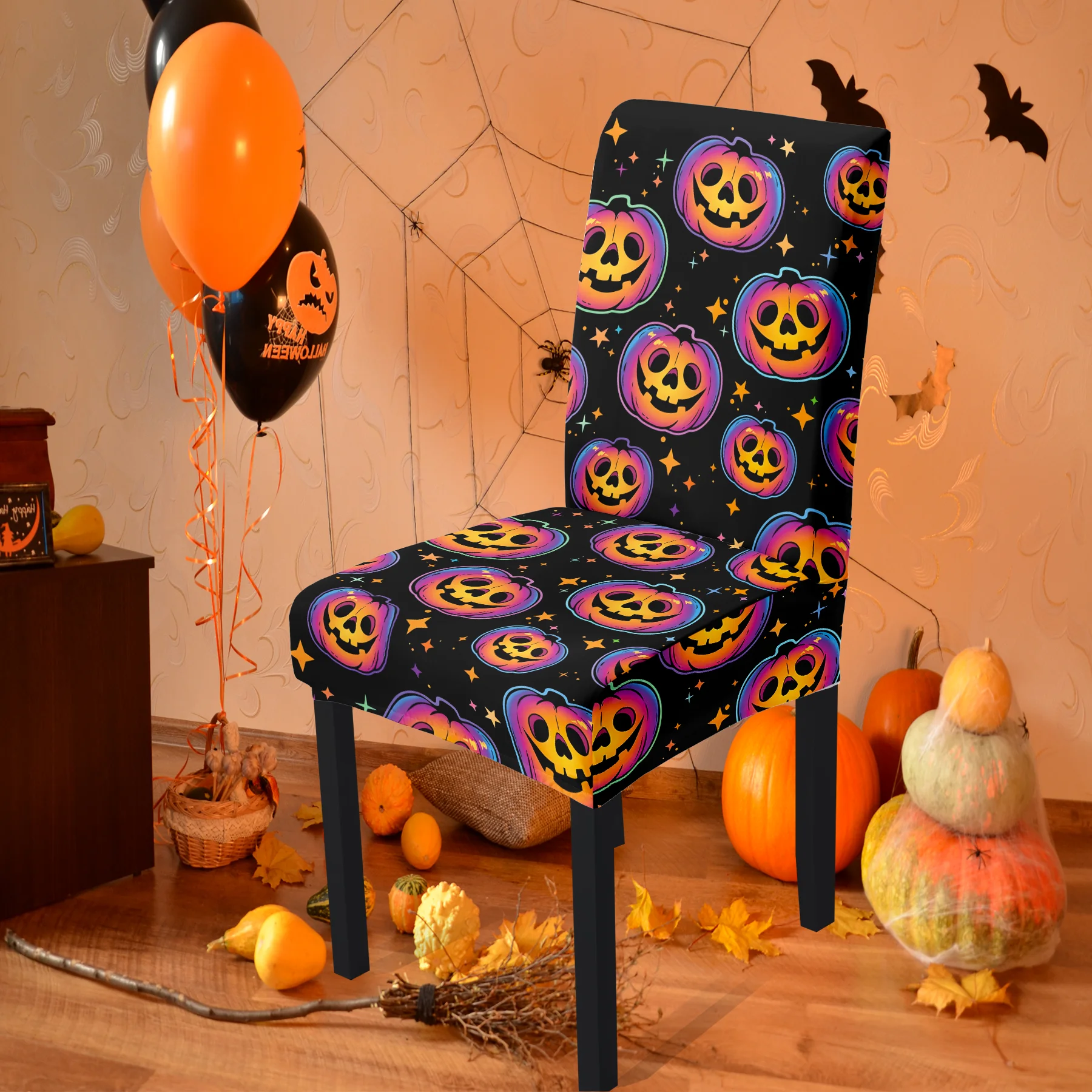 2D 2024 New Halloween Pumpkin Print Elastic Chair Cover, Washable Non - Fading Durable Chair Protector, All