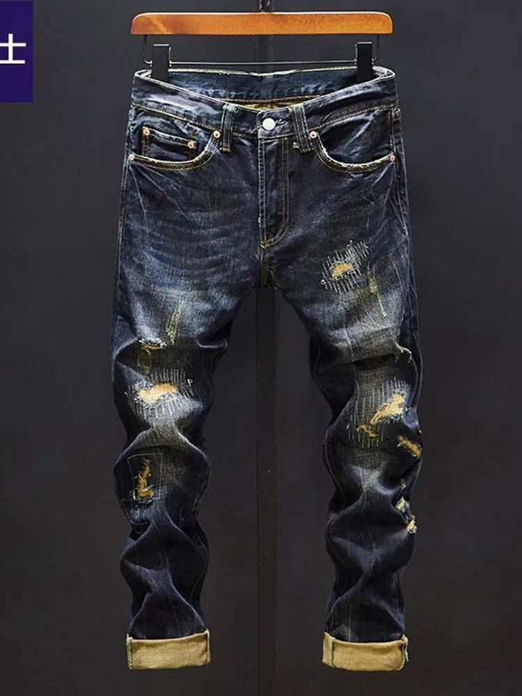 2024 Autumn/Winter New Fashion Solid Color Vintage Ripped Stretch Jeans Men\'s Casual Loose Comfortable High Quality Pants 28-36