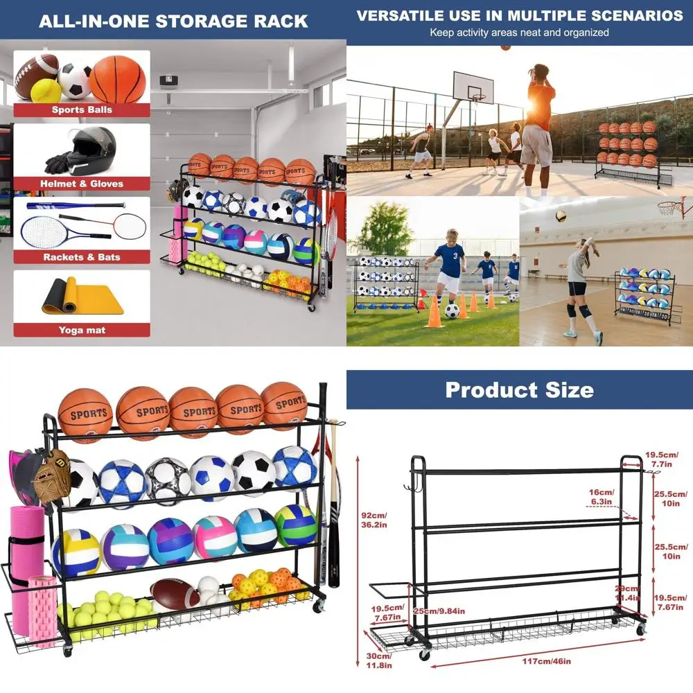 4-Tier Adjustable Basketball Stand with Wheels, Portable Sports Equipment Storage for Soccer, Baseball, Football & Volleyballs