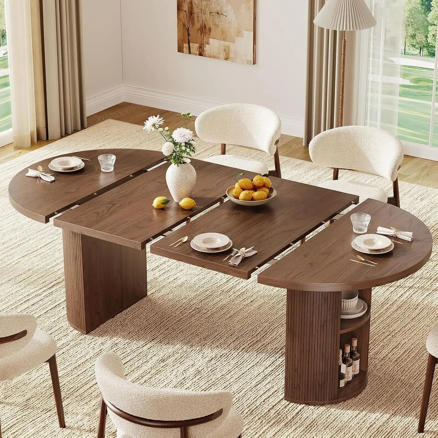 41-78 Inch Extendable Dining Table for 4-8, Fluted Expandable Kitchen Table with Storage, 2 Leaf, Mid Century Modern Oval Dinner