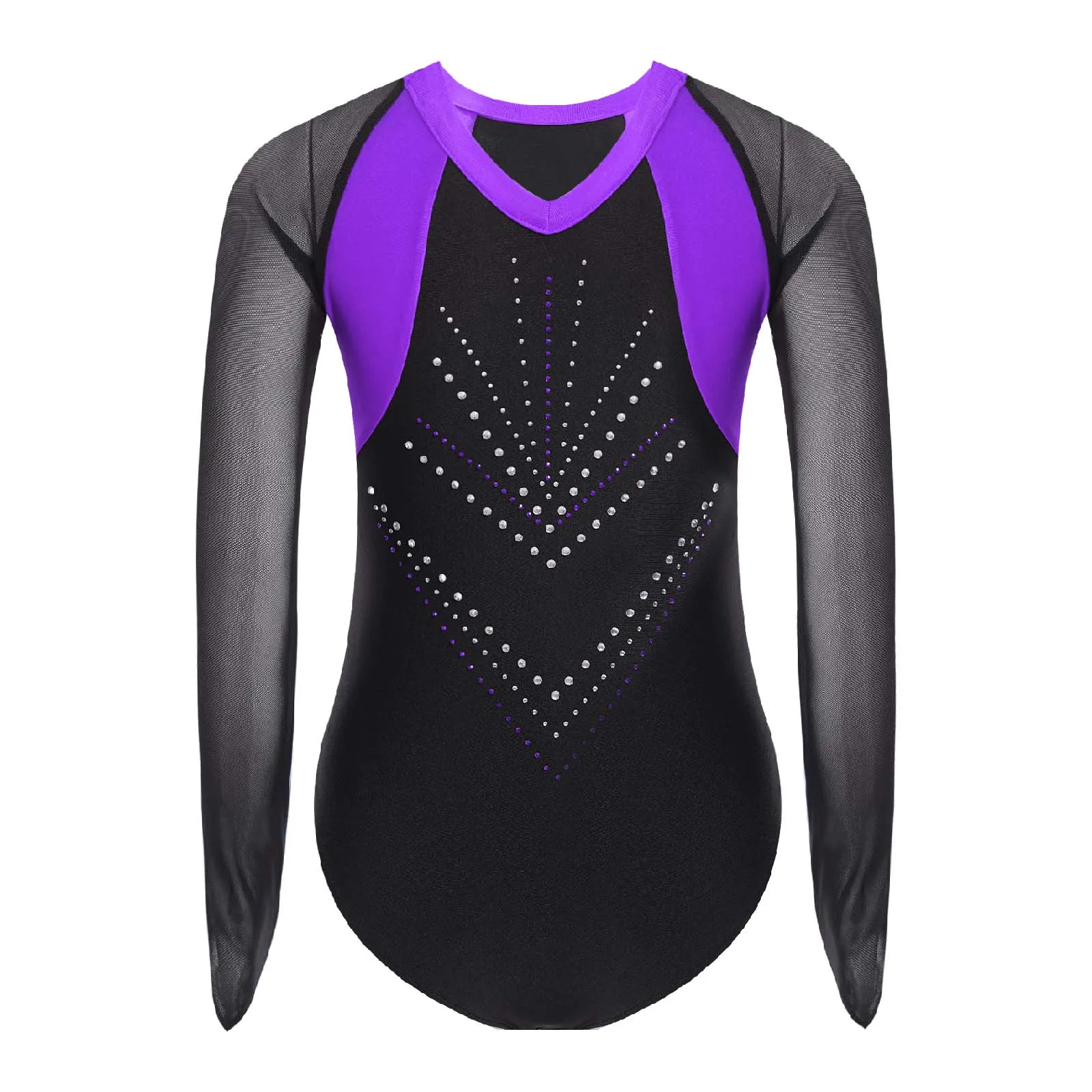 Kids Girls Gymnastics Leotards Sheer Mesh Color Block Patchwork Shiny Rhinestones Long Sleeve Bodysuit Figure Skating Unitards
