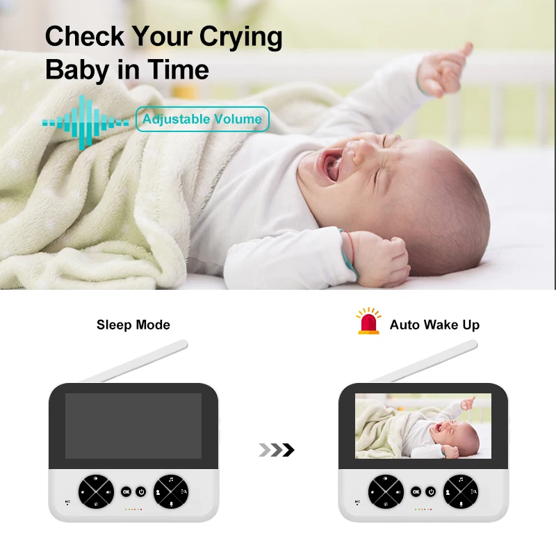 Monitor de bebé 720P con pantalla IPS de 4,3 pulgadas, reloj de alimentación, visión nocturna infrarroja, intercomunicador de voz, modo VOX, canciones de cuna, conversación bidireccional