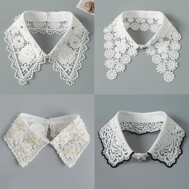 

Lace Fake Collar Shirt Women White Black Lapel False Collars Woman Beading Removable Detachable Collar Neckline Faux Col