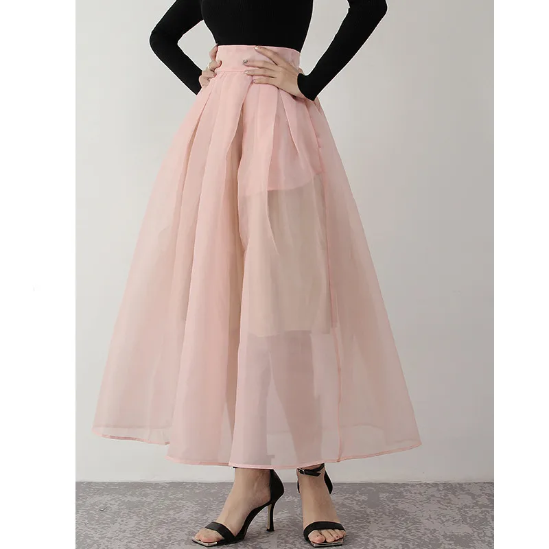 

Women's Runway Fashion Spring Summer Designer High Quality Pink A-line Skirt Female Autumn Winter High Waist Mesh Skirt TB2668