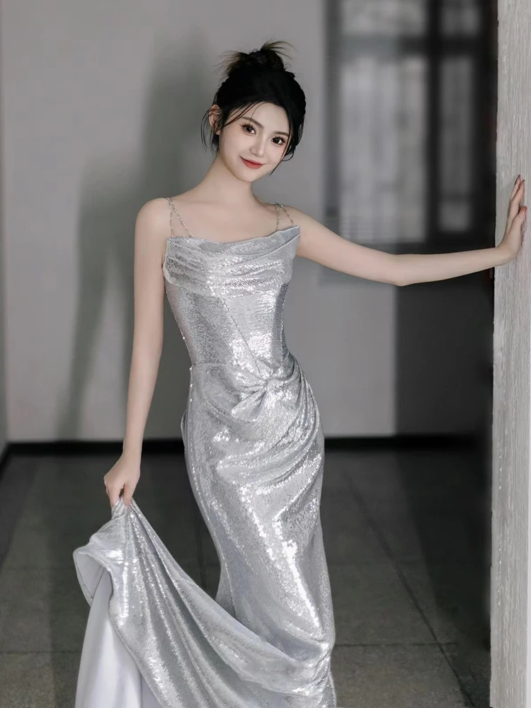 

High-End Sequin Evening Dr Sexy Fi Tail Gown Luxury Strapl Cotail Dr for Wedding Par Performance Polyester Fiber