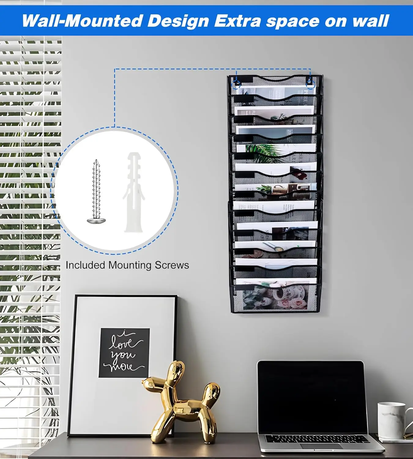 12 Pocket Wall File Holder Organizer, Black Mesh Storage for Office Documents Mail Magazine