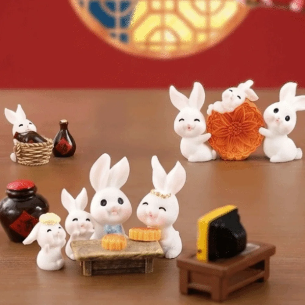 Resin Mini Ornaments Mooncake Bottle Micro Landscape Decor Cartoon White Rabbit Mid-Autumn Festival Desk Figurines