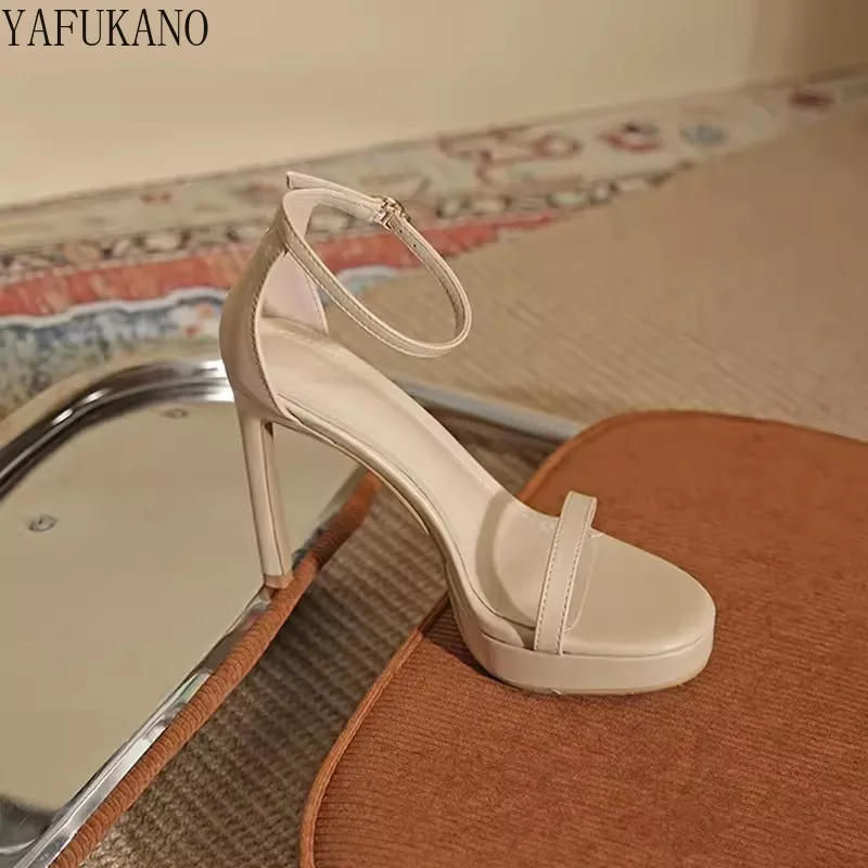 10Cm Waterproof Platform High Heels Women 2024 Summer Sexy Thin Heels Nude One Line Buckle Strap Sandals Party Prom Woman Shoes