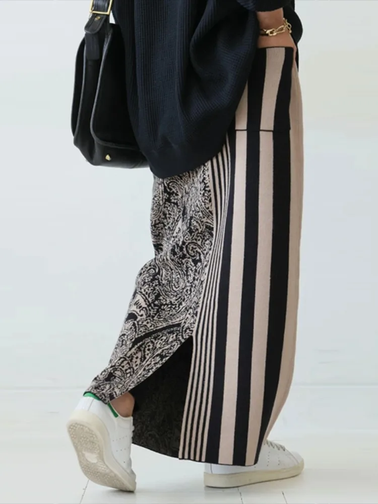 Gymystars Elegant Knitted Striped Skirt Autumn Winter Loose A-Line Column Pocket Trend Fashion High Waist Women's Long Skirts