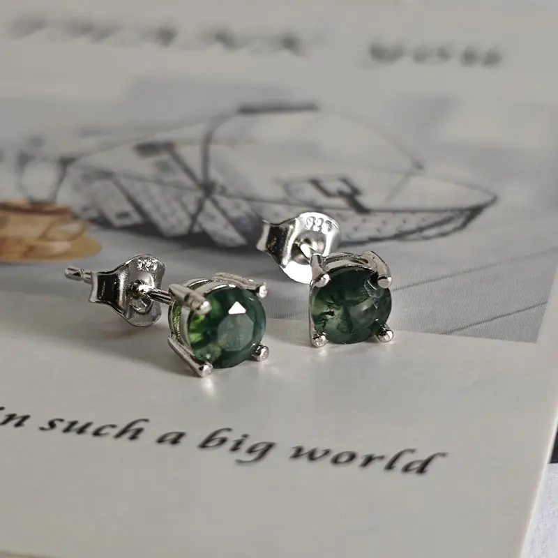 

925 Sterling Sliver Earrings Green Onyx Stud Earrings 5mm Round Earring Elegant Woman's Jewelry