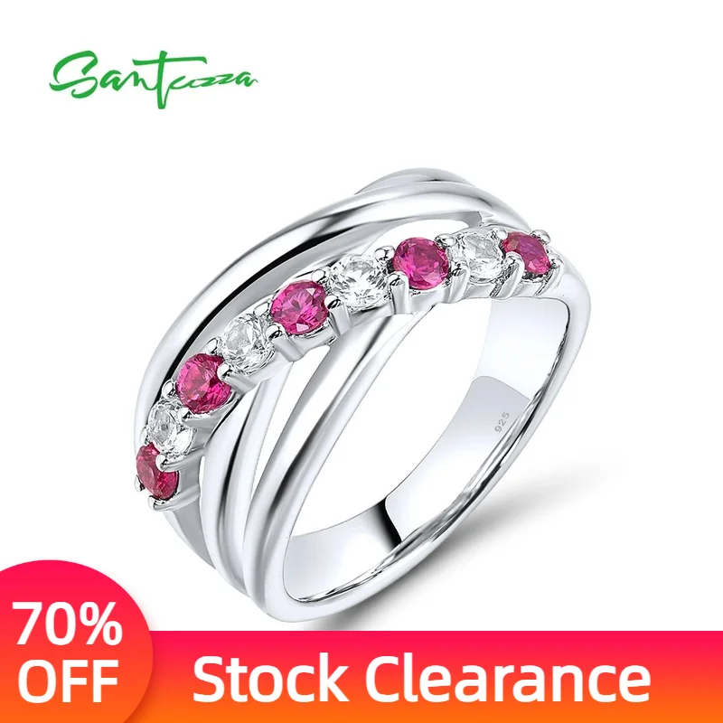 

SANTUZZA Authentic 925 Silver Ring For Women Sparkling Created Ruby White Sapphire Wedding Anniversary Delicate Fine Jewelry