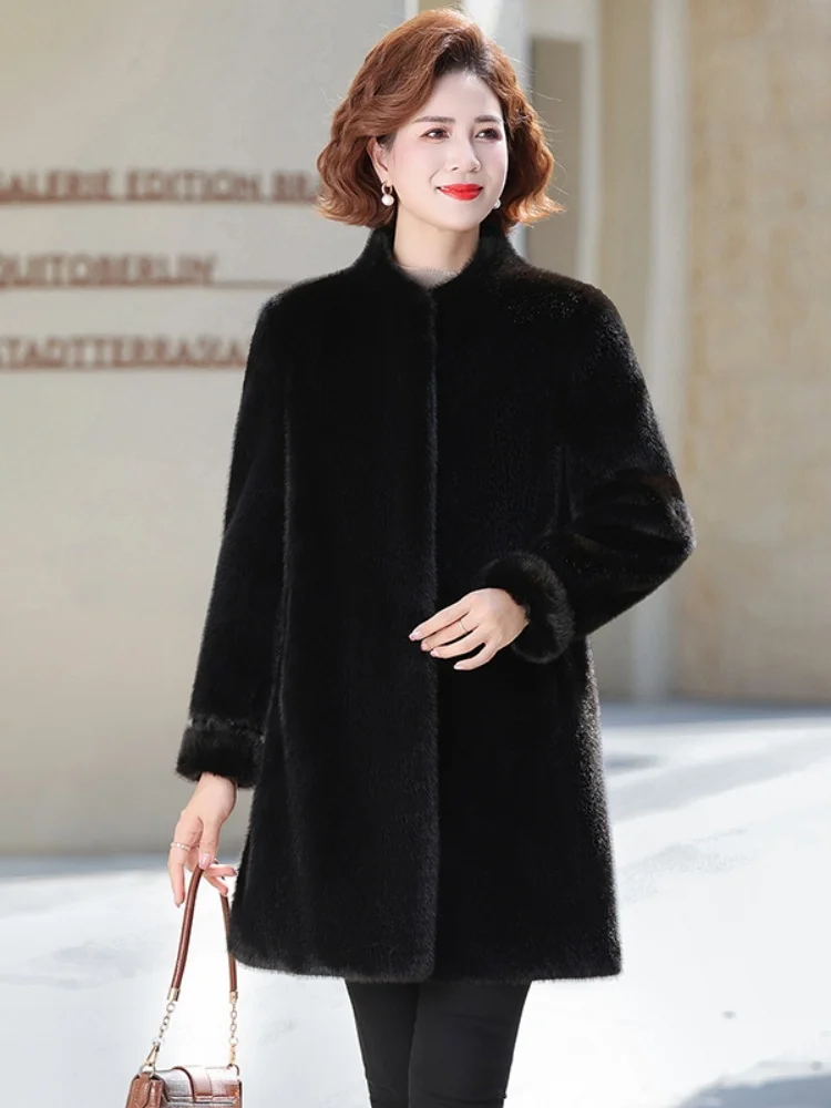 

Двусторонняя модная зимняя куртка из меха и хлопка для женщин среднего возраста, с воротником-стойкой и пуговицами, утепленная