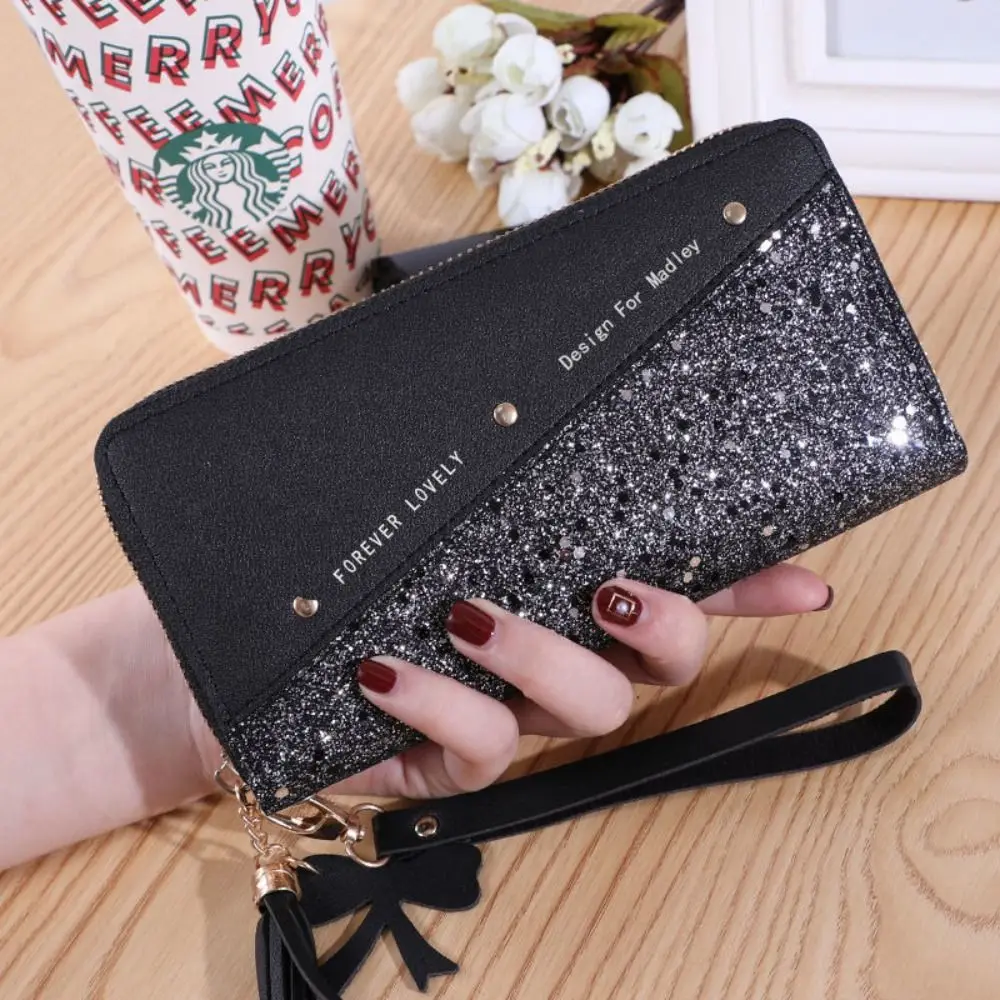 

PU Leather Women Long Purse Shiny Color Contrast Woman Clutch Wallet Tassel Pendant Multi-card Slot Square Card Bag Daily