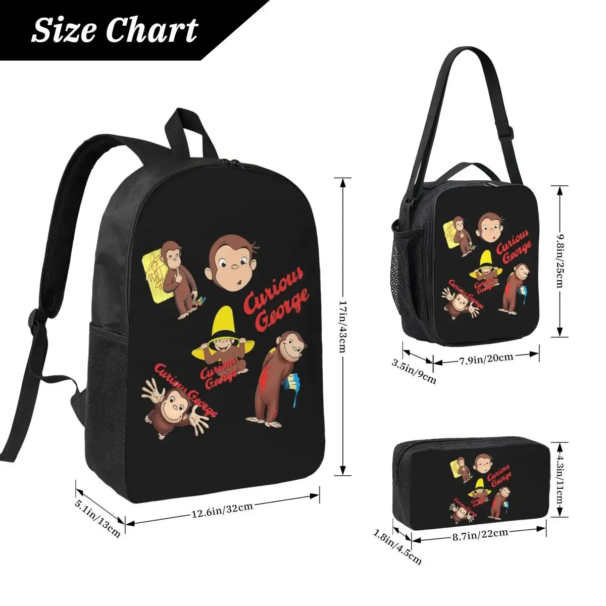 Cartoon Curious George Monkey Anime Backpack BookBag School Bag Laptop Shoulder Bags 3ps Insulated Lunch Bag Pencil Case