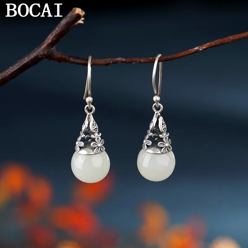 

BOCAI NEW S925 Sterling Silver Inlaid With Hotan Jade White Jade Plum Blossom Round Bead Earrings