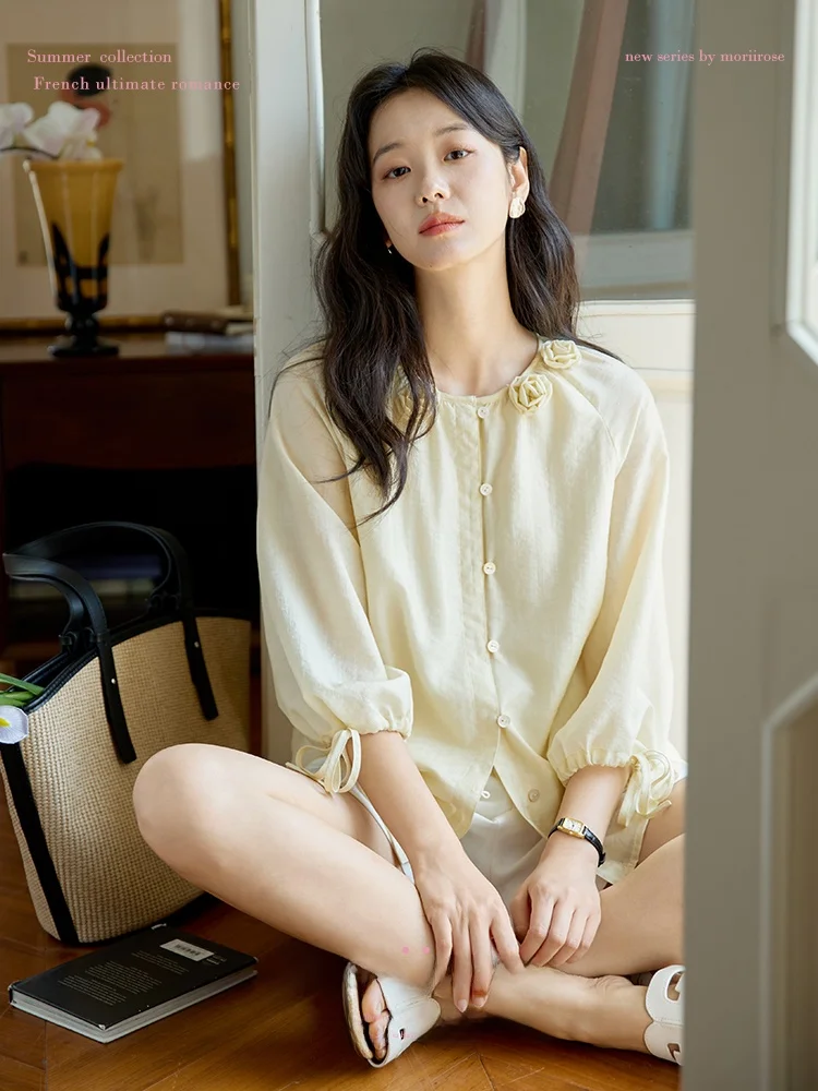 

Moriirose Yellow Flower Patterned Silk Acetate irt Women's Summer irt Tie Svel Straight Cut Commute Sle Thin Fabric