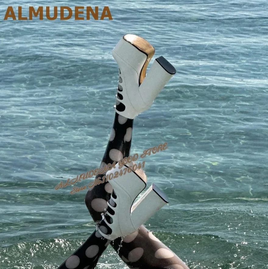 

ALMUDENA Polished Strange Chunky Heel Ankle Boots High Platform Buckle Strap Booties Hollow Out Caged Autumn Winter Dress Shoes