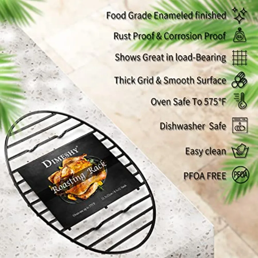 رف تحميص نهائي من المينا الأسود مع أقدام مدمجة لمقلاة تحميص بيضاوية مقاس 15 بوصة، سطح غير لاصق مثالي لتغطية الطبخ