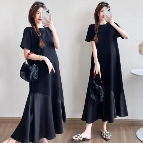 

plus Size Summer Dress Women's Loose Slimming Belly Covering Fish Tail Skirt Short Sleeve High Waist A-Line Korean Style Dress