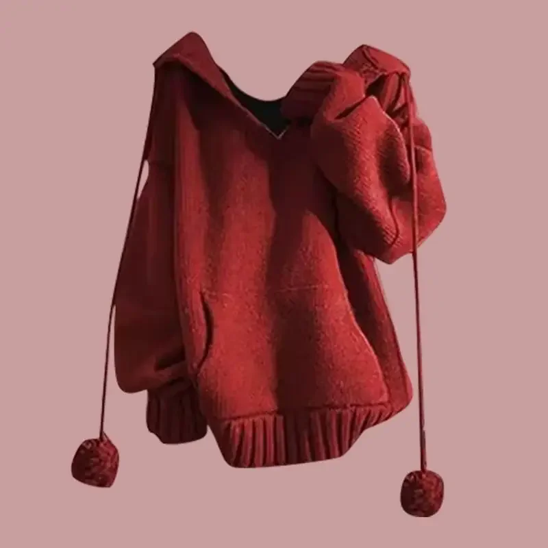 

Осень-зима, женский свитер с капюшоном и шариком волос, женский красный вязаный пуловер на удачу, топы, корейский повседневный трикотаж с джокером, женский 2025