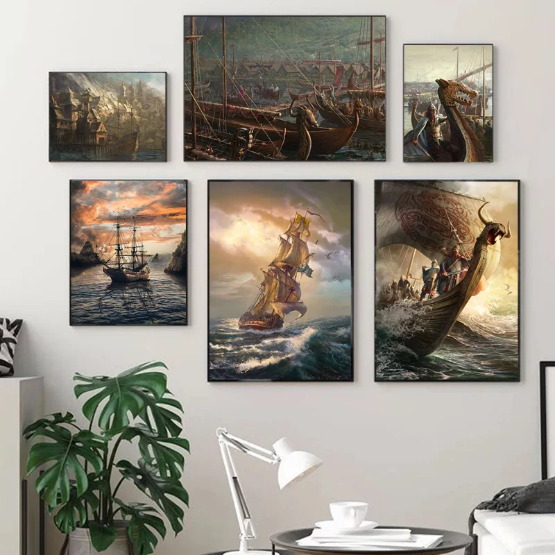 Pirate Ship Canvas Painting Wall Art Vintage Sailing Ships Poster boating ship Print Wall Art Picture for Living Room Home Decor