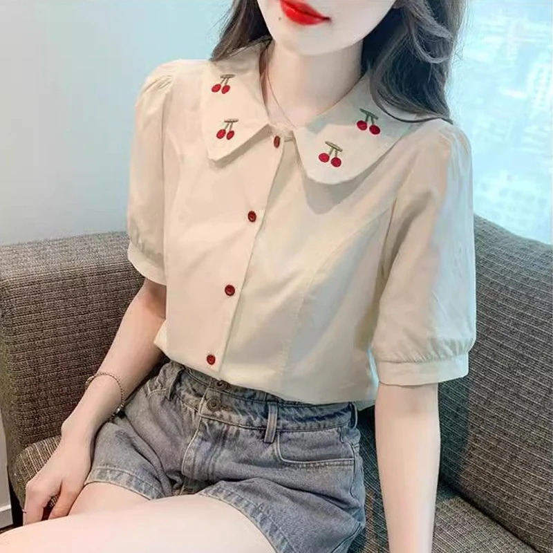 Womens Trendy Vintage Kawaii Embroidery Button Up Shirt Summer Peter Pan Collar Short Sleeve Blouse Female Casual Slim Chic Tops