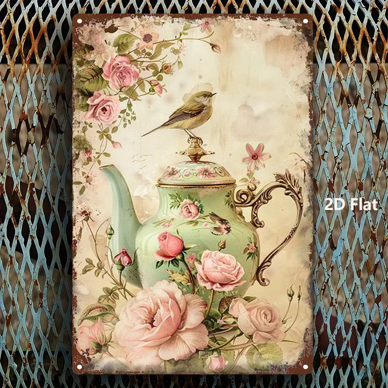 Aluminum Metal Sign, Vintage Teapot Pink Roses Little Bird Distressed Retro Print Wall Art, Decor Plaque for Home Bar Decor