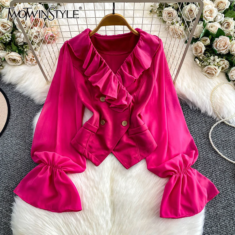

TWOTWINSTYLE однотонные куртки во французском стиле для женщин с v-образным вырезом и длинными рукавами, шикарная складная куртка на пуговицах, женская мода KJA553028