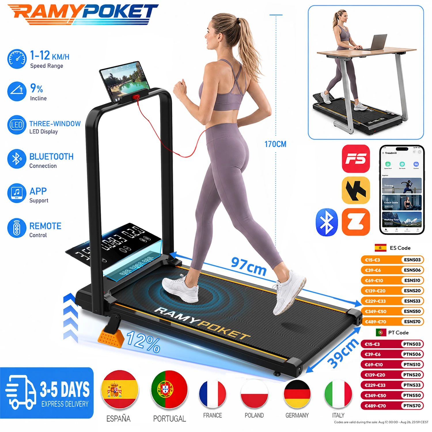 RAMYPOKET Tapis de course pliable pour bureau avec inclinaison de 12%, 1-12 km/h,2,5 HP, commande via application et ecran LED a trois fenetres, 150 kg, tapis decourse electrique pour la maison, adapte aux personnes
