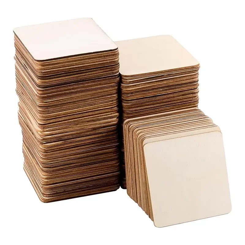 100pcs 6cm Squares Unfinished Wood Pieces, Blank Square Wooden Square Slices Tiles for DIY Craft Painting Home Decorations
