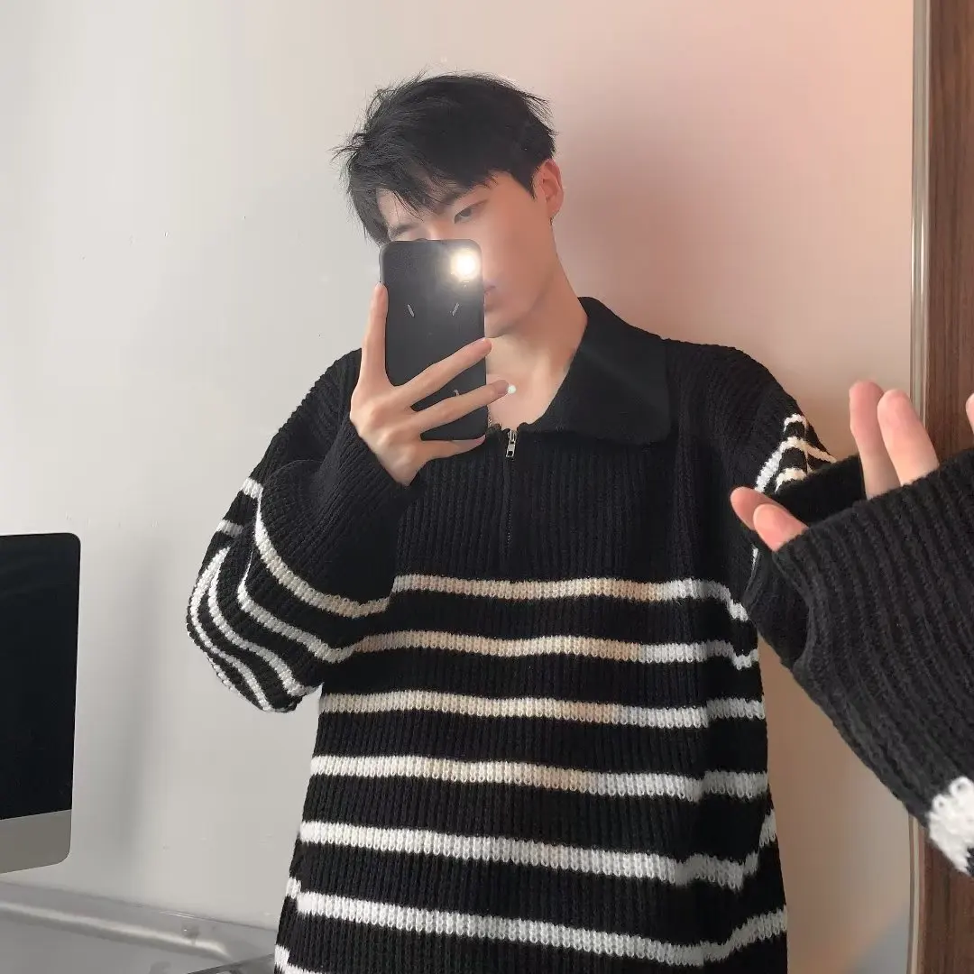 

Autumn Winter Large Size 300 Pou Striped Design Men's Sweater Loose Couple Lazy Sle Color Blo Knitted irt Baseball C...