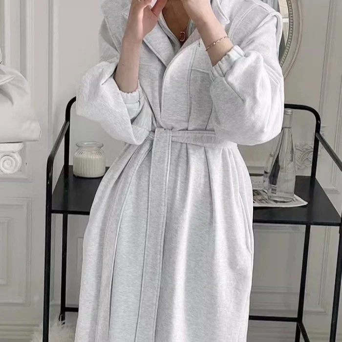 Loose Long Sleeve Casual Dress Double Layer Collar Relaxing Feel Waist Cinched Maxi Dress Sweet Style Knitted Polyester