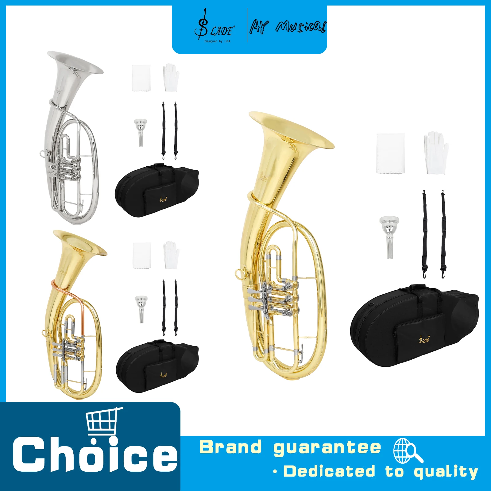 SLADE 3 Key Tenor Horn Brass Lacquer Tenor Horn Professional Brass Instrument with Gloves Bags for Horn Beginners Performance