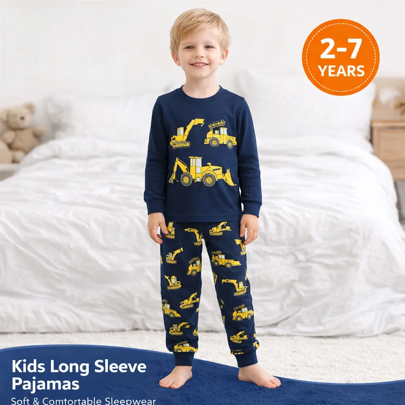 ittle Hand Toddler Boys Engineering Vehicle Sleepwear Soft Long Sleeve Two Piece Home Outfit Night Clothes Age 2-7