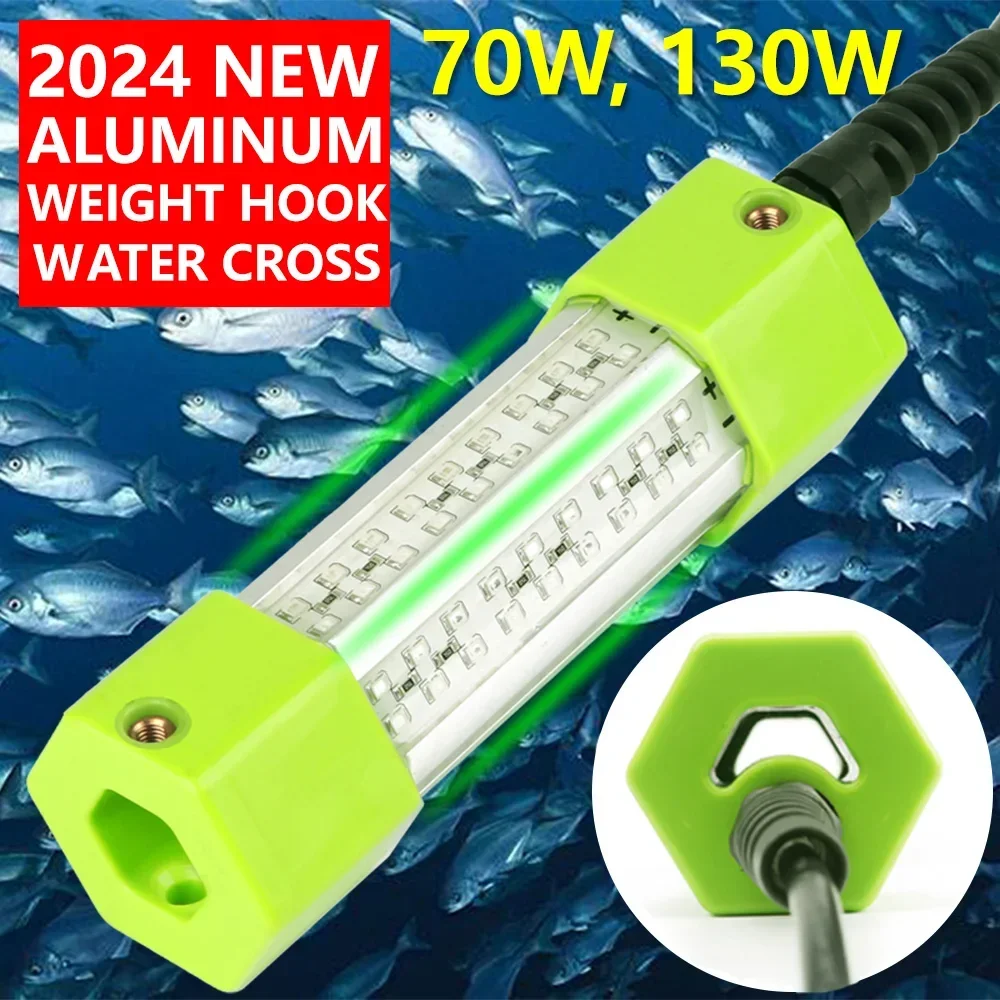 Submersible Underwater LED Fishing Light, Squid Bait Lure, High Power Fish Attractant Stick, Green and White, 70W, 130W, DC 12V,